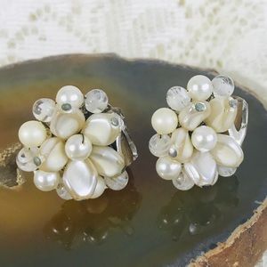 Vintage 50s Japan Pearl Cluster Clip Earrings